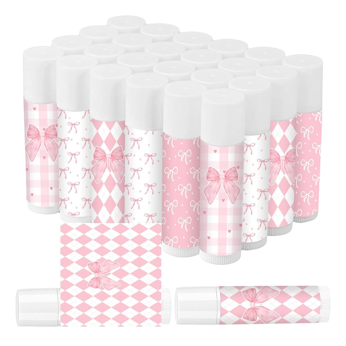 Piuaeue Pink Bow Lip Balm packaging for bulk party favors.