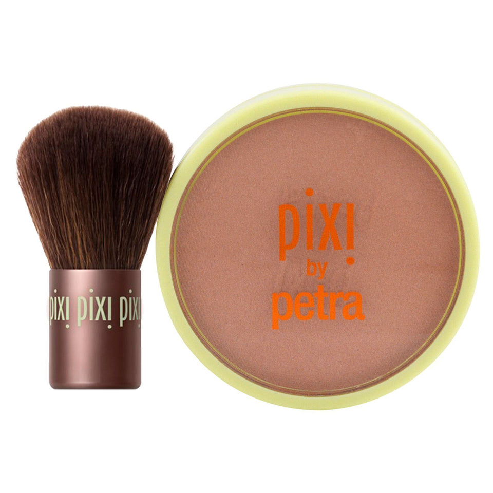 Pixi Beauty Bronzer Kabuki Brush compact close-up shows warm, natural glow.