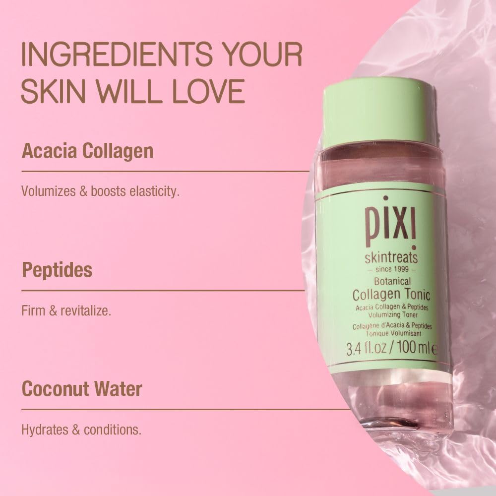 Pixi Botanical Collagen Tonic bottle on counter, ideal for daily hydration.
