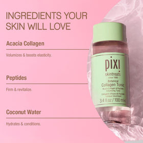 Pixi Botanical Collagen Tonic bottle on counter, ideal for daily hydration.