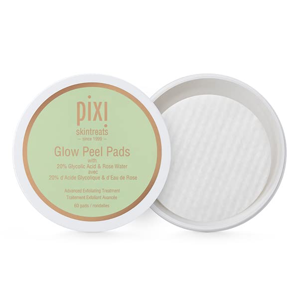 Pixi Glow Peel Pads packaging showcases a sleek container for at-home exfoliation.