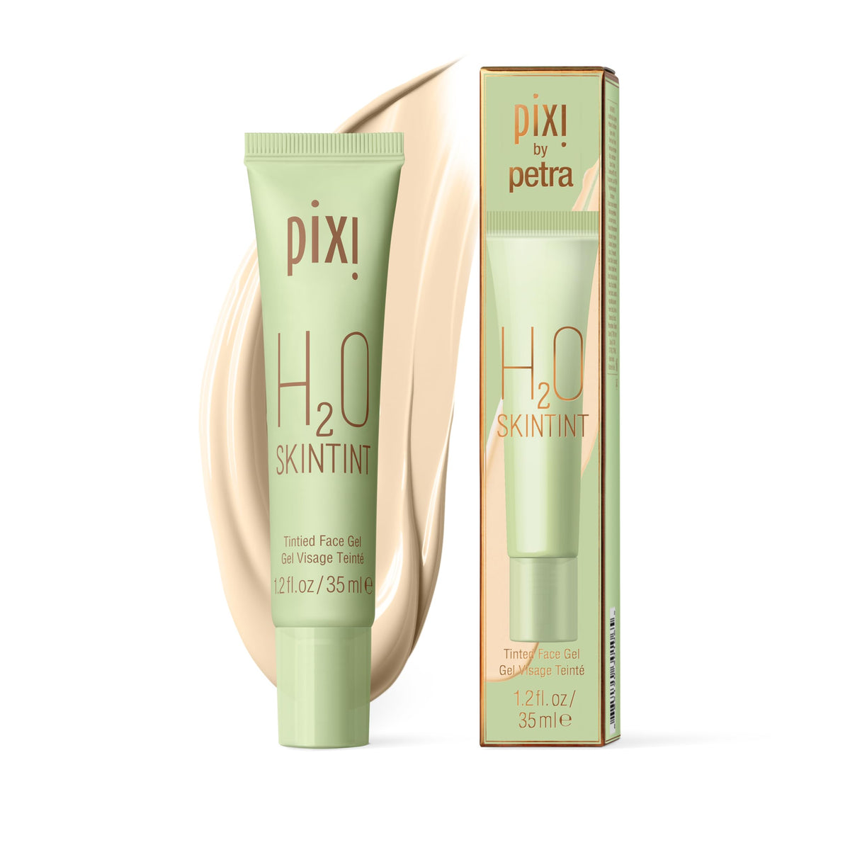 Pixi H2O SkinTint bottle close reveals dewy, lightweight tint with SPF 35.