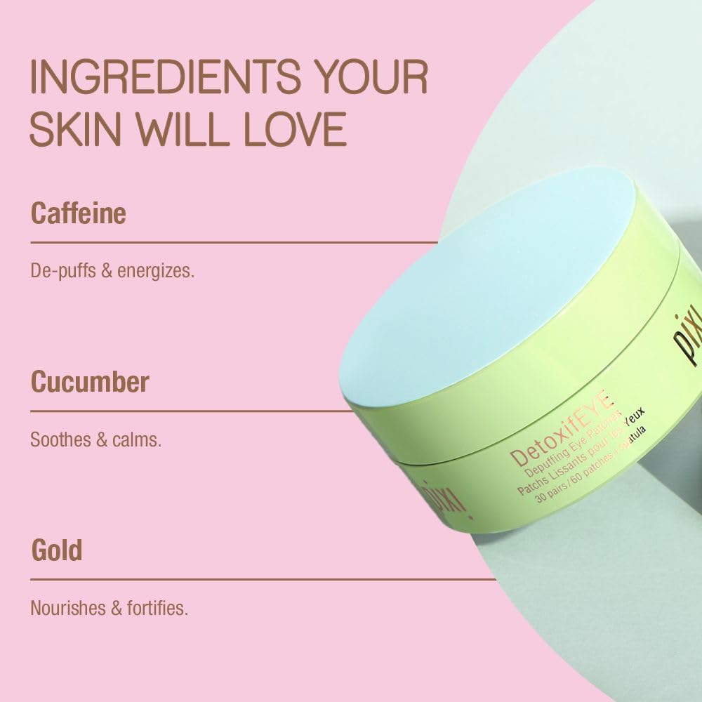 Pixi cucumber-gold-caffeine ingredients close-up highlighting actives