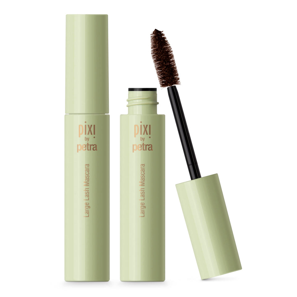 Pixi Large Lash Mascara brown shade close-up highlights natural volume and length