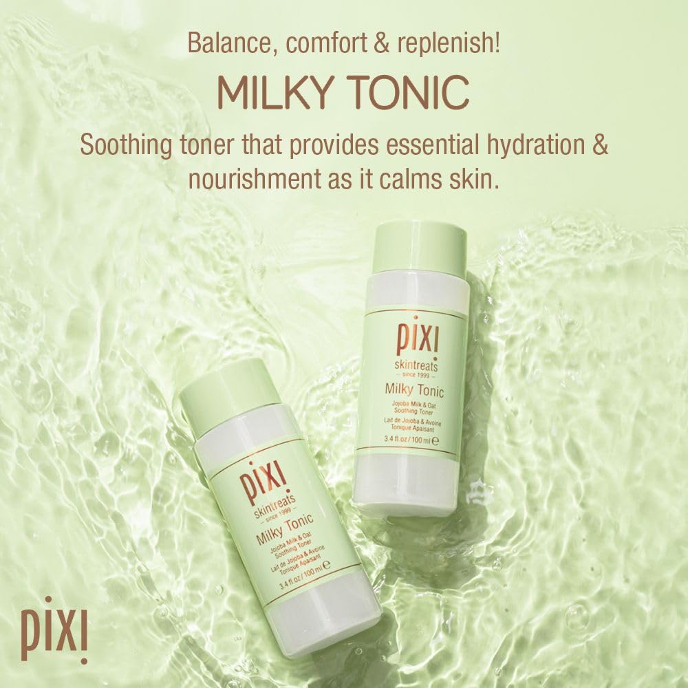 Pixi Milky Tonic bottle open with label visible showing alcohol-free soothing formula.