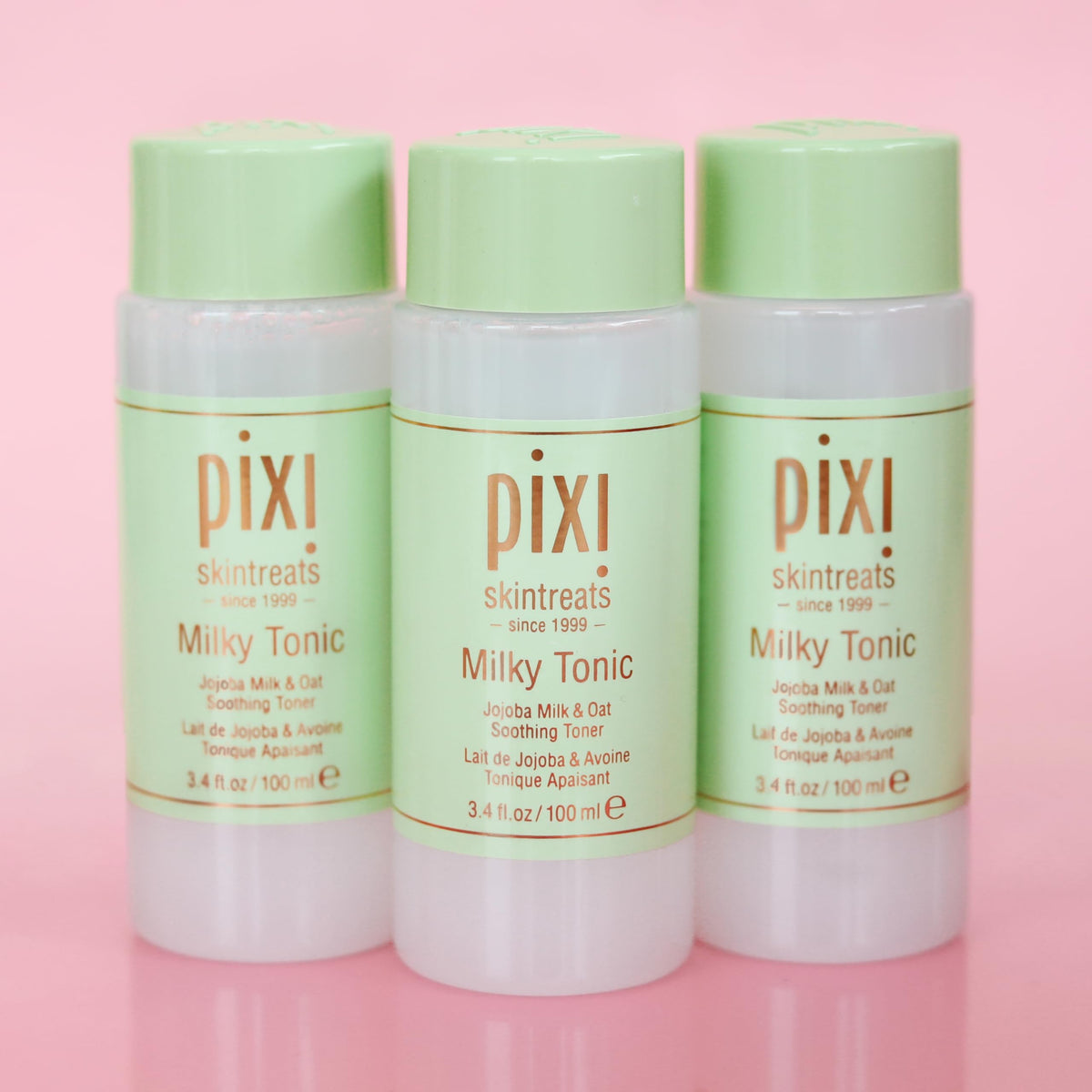 Pixi Milky Tonic jojoba milk imagery underscores skin-rehydrating nourishment.