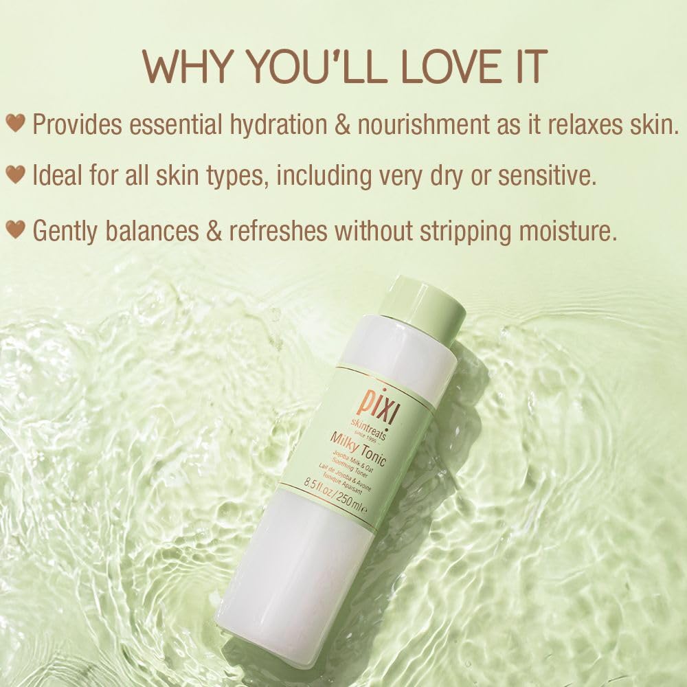 Pixi Milky Tonic bottle pour shot demonstrates easy post-cleanse application.