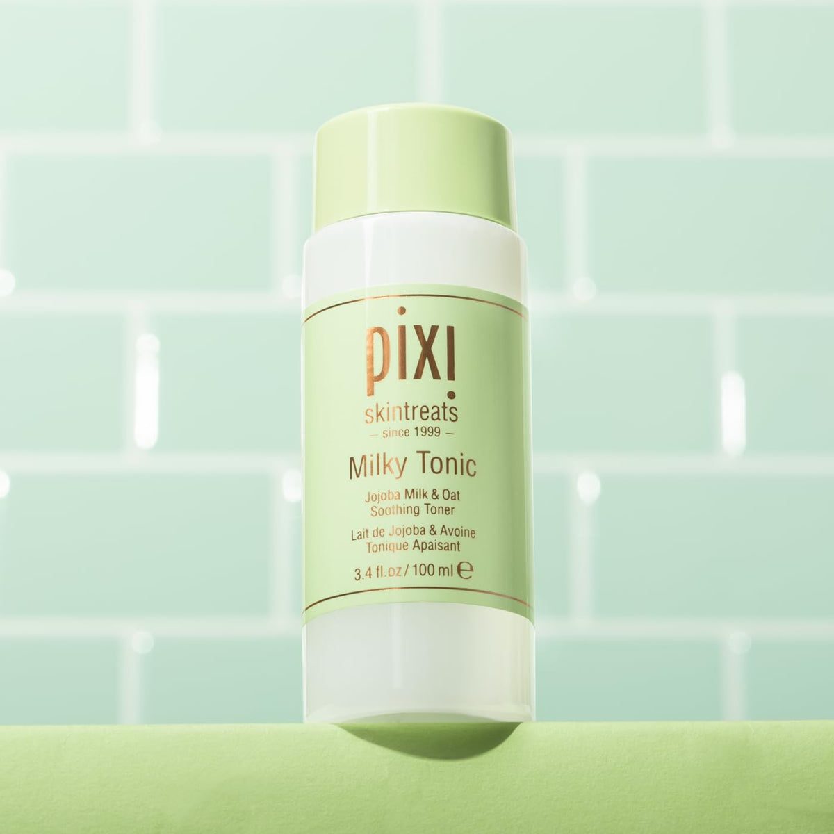 Pixi Milky Tonic packaging close-up featuring cruelty-free and alcohol-free care.