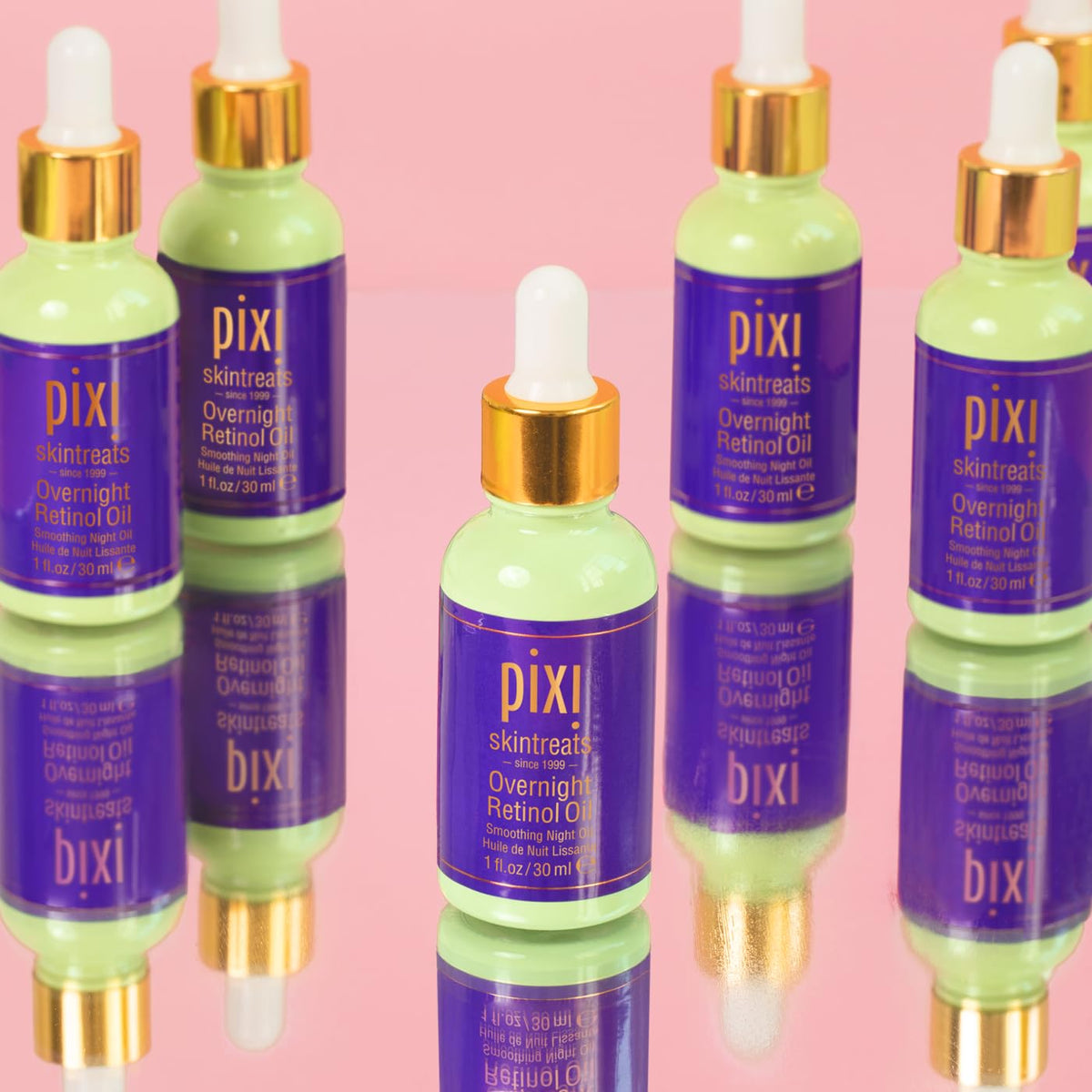 Evening skincare routine featuring Pixi Overnight Retinol Oil on clean skin.