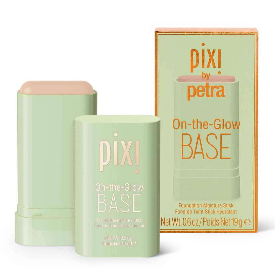 Pixi On-the-Glow Base bottle shows hydrating, buildable coverage for a natural glow