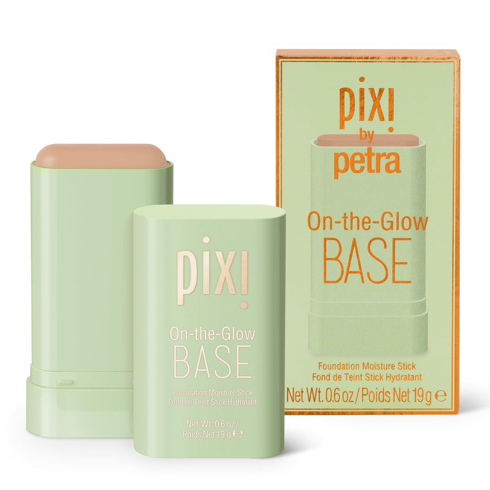 Pixi On-the-Glow Base cap close-up shows creamy hydration for a natural glow