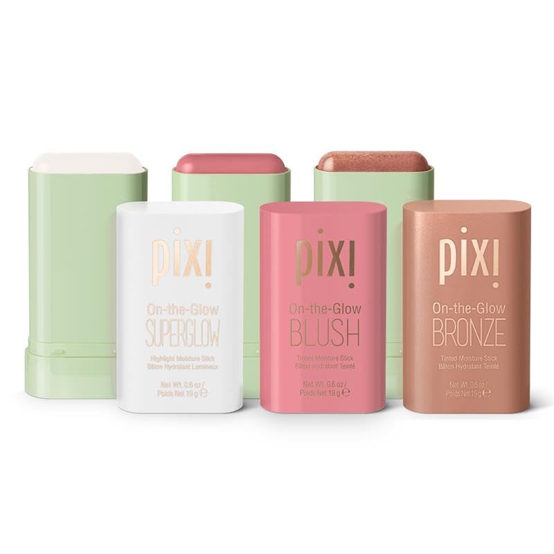 Pixi On-the-Glow Blush Fleur stick swatch adds sheer pink flush.