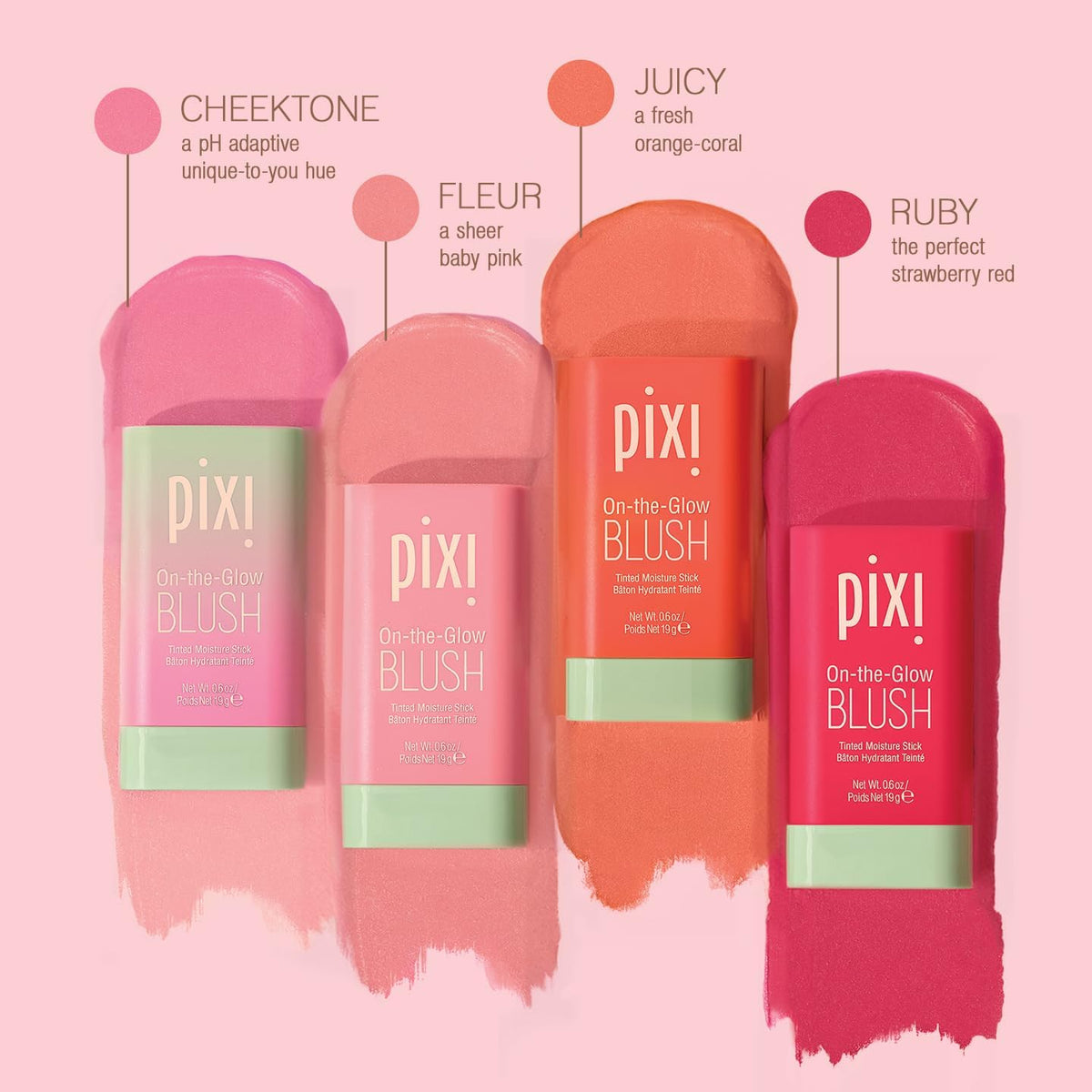 Pixi On-the-Glow Blush Stick Juicy lip swatch for coordinated color.