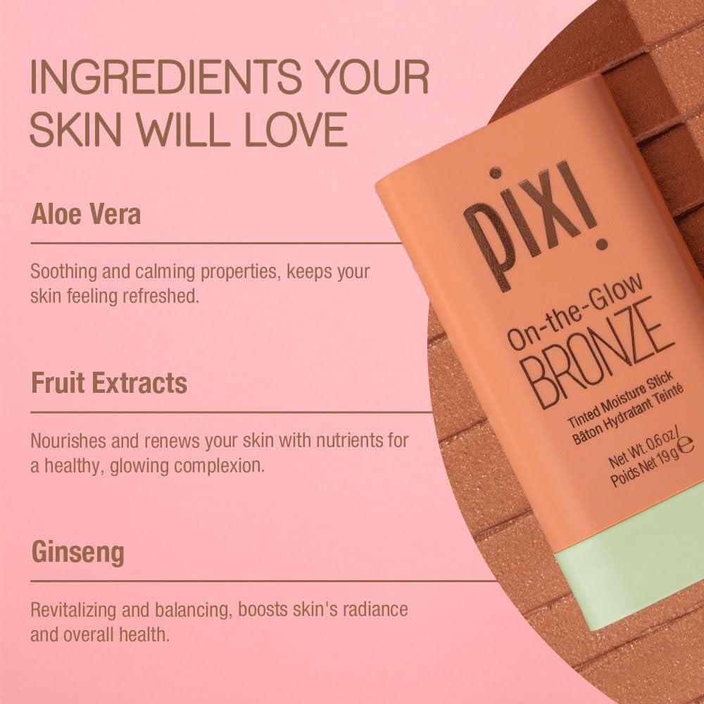 Glow from Pixi On-the-Glow Bronze Stick for healthy-looking skin.