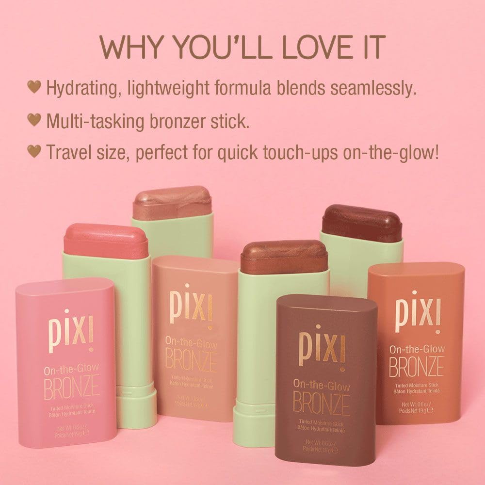 Pixi On-the-Glow Bronze applied on lips delivers a subtle tint with hydration.