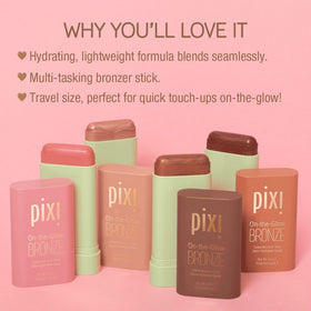 Pixi On-the-Glow Bronze applied on lips delivers a subtle tint with hydration.