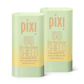 Pixi On-the-Glow Shield SPF 50 2-pack main display showing radiant, even skin