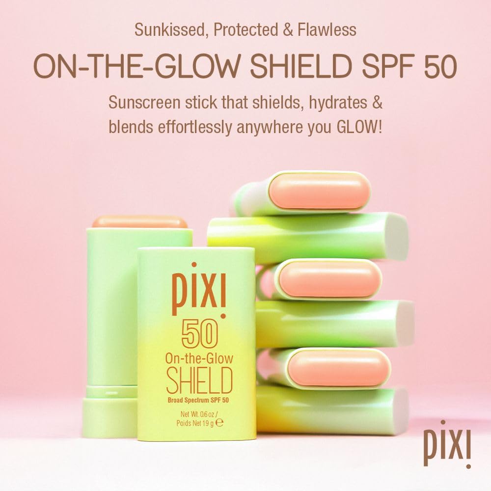 Pixi On-the-Glow Shield SPF 50 2-pack packaging highlighting travel-friendly sunscreen