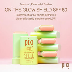 Pixi On-the-Glow Shield SPF 50 2-pack packaging highlighting travel-friendly sunscreen