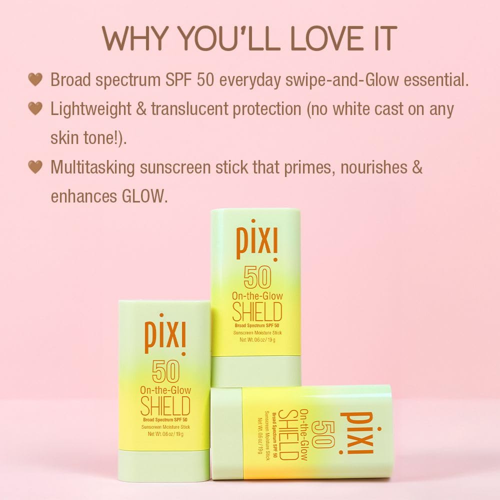 Pixi On-the-Glow Shield SPF 50 2-pack tube swatch demonstrates light, no-streak finish