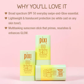 Pixi On-the-Glow Shield SPF 50 2-pack tube swatch demonstrates light, no-streak finish