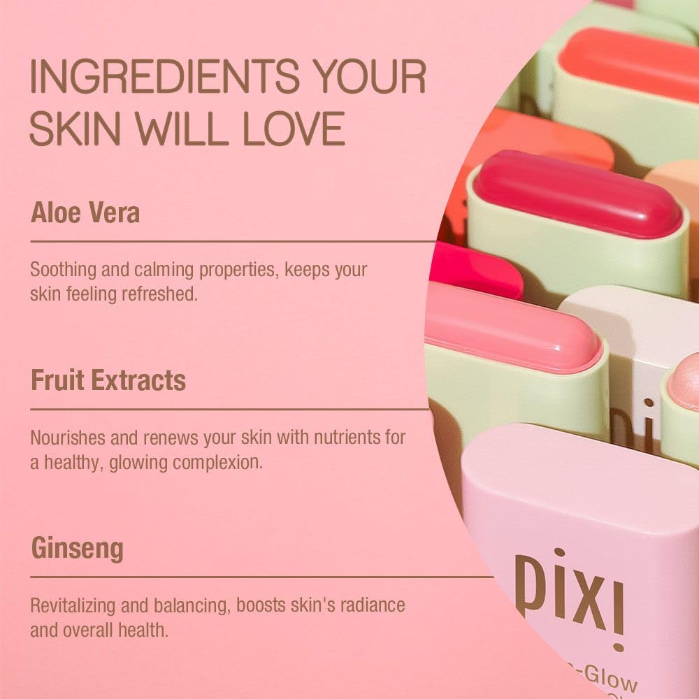 Pixi On-the-Glow Fleur swatch on skin shows soft pink tone.