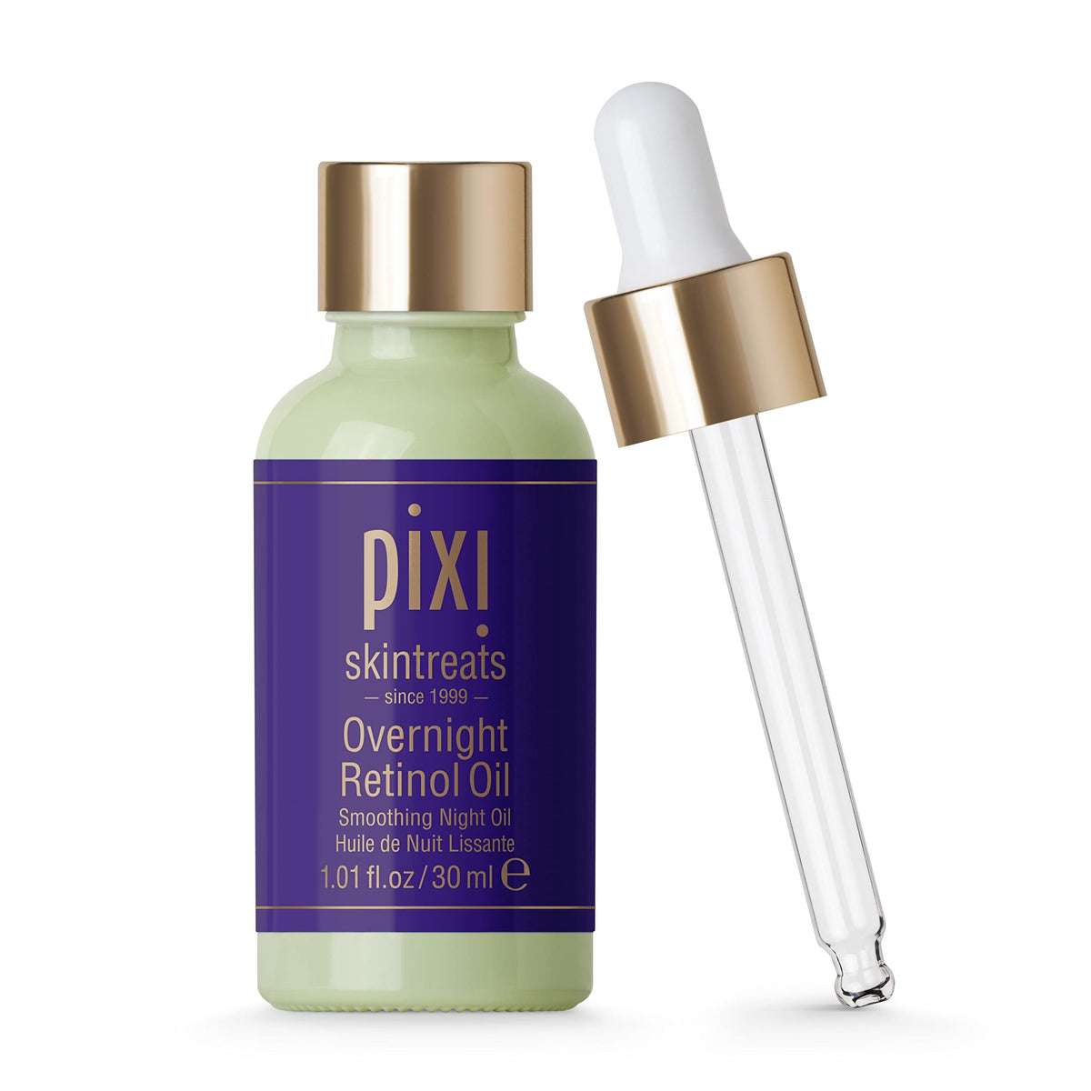 Pixi Overnight Retinol Oil bottle close-up for nighttime smoothing.