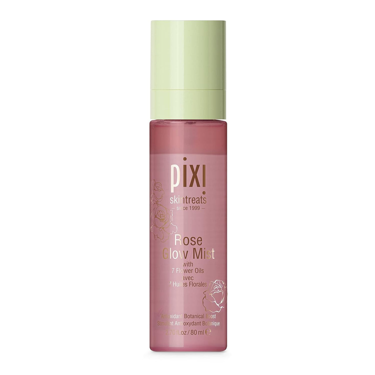 Pixi Rose Glow Mist bottle close-up with hydrating dewy finish.