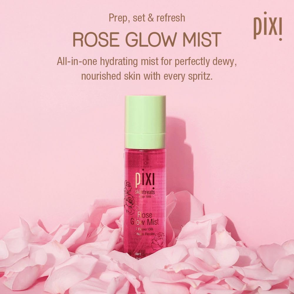 Pixi Rose Glow Mist mist dispersion on skin for refreshment.