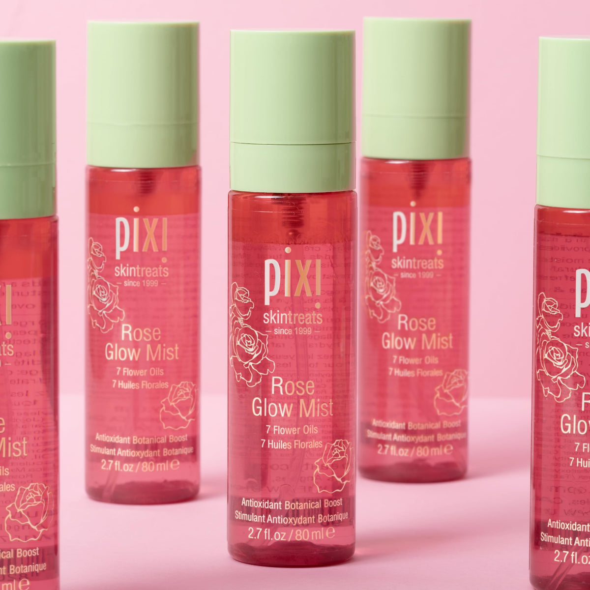 Pixi Rose Glow Mist packaging front highlights rose-themed skincare ritual.