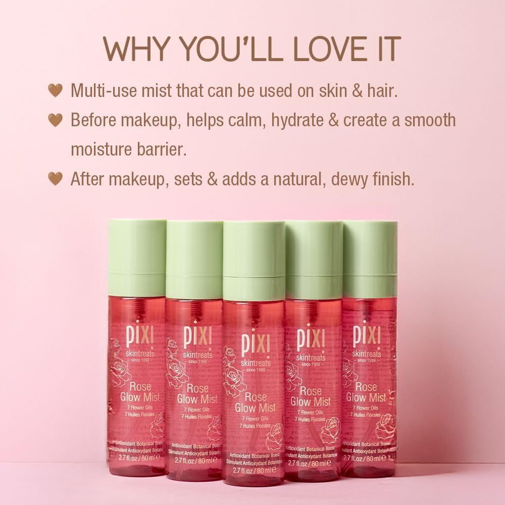 Pixi Rose Glow Mist bottle showcases rose water hydration and antioxidants.