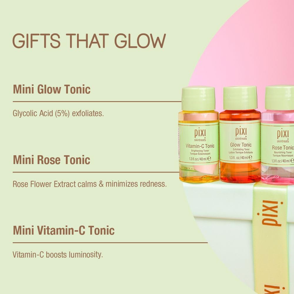 Pixi Tonic Trio Gift Set flat lay showcasing a festive skincare collection