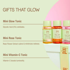 Pixi Tonic Trio Gift Set flat lay showcasing a festive skincare collection