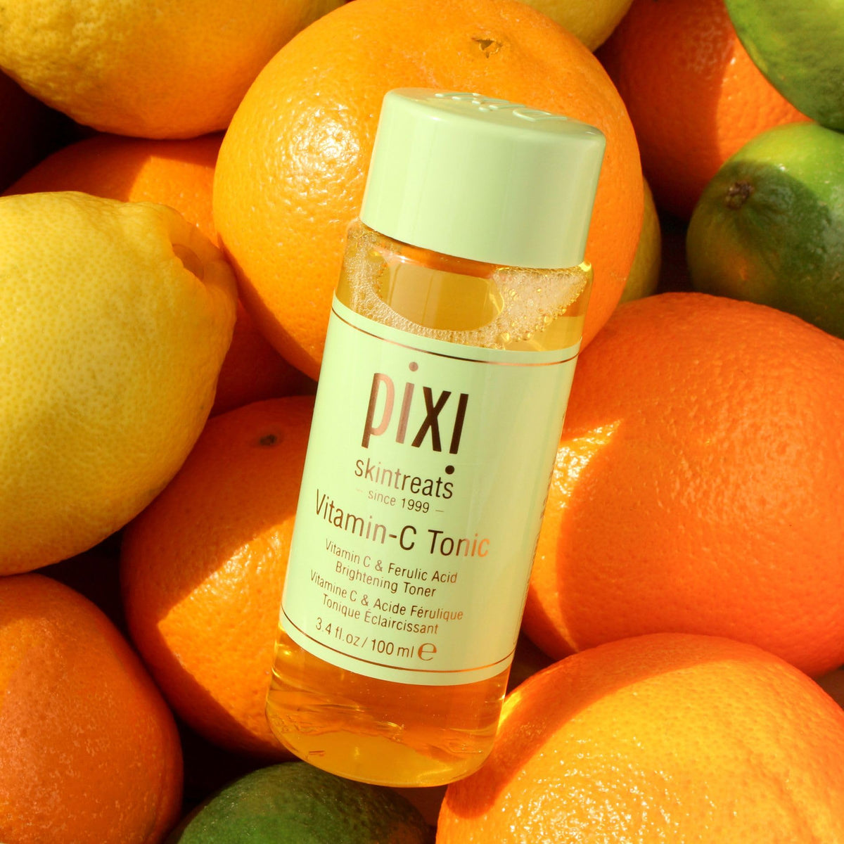 Pixi Vitamin-C Tonic label shows alcohol-free, gentle daily use.