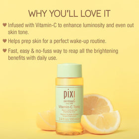 Pixi Vitamin-C Tonic on a cotton round for gentle skin prep.
