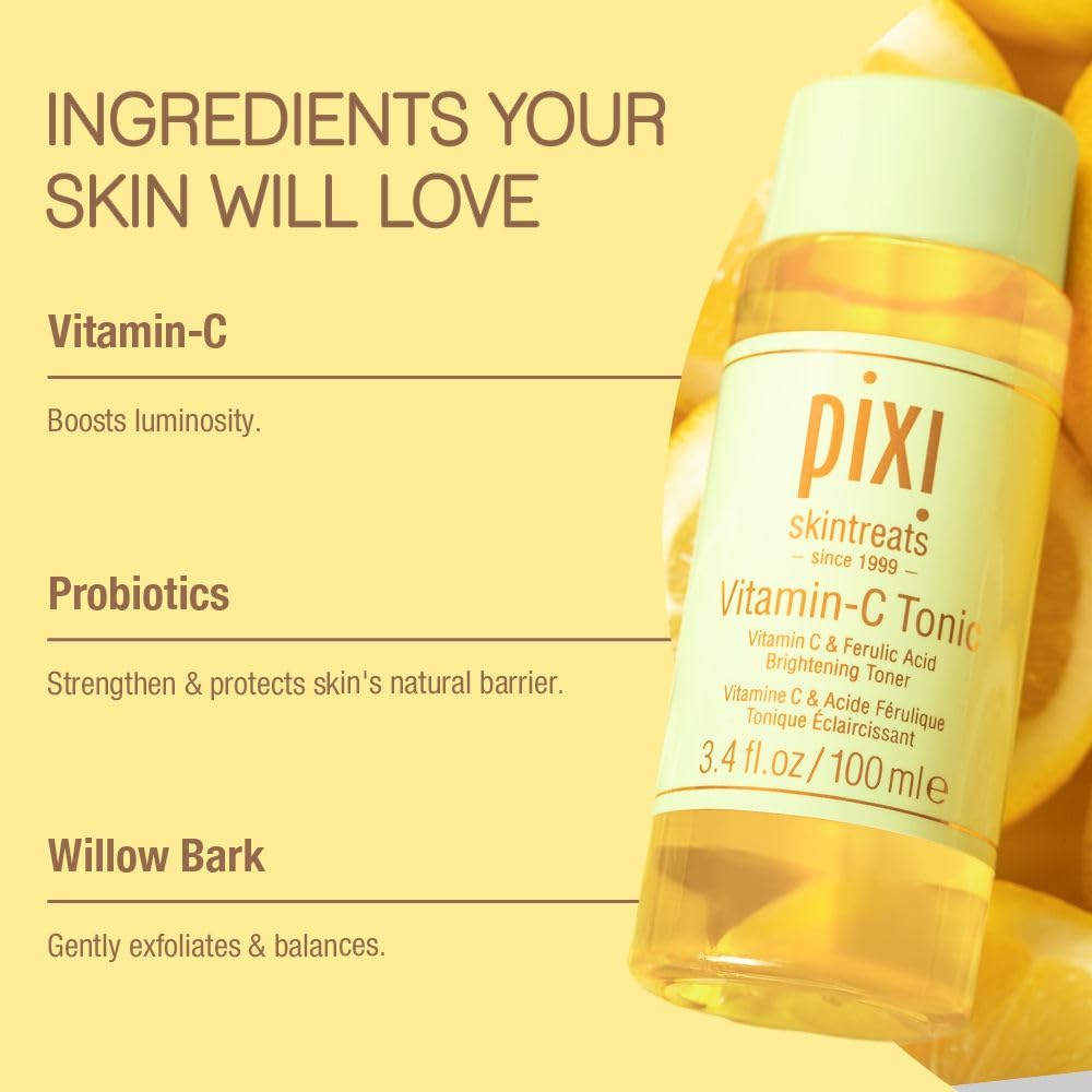 Pixi Vitamin-C Tonic ingredients highlight citrus extracts for antioxidant care.
