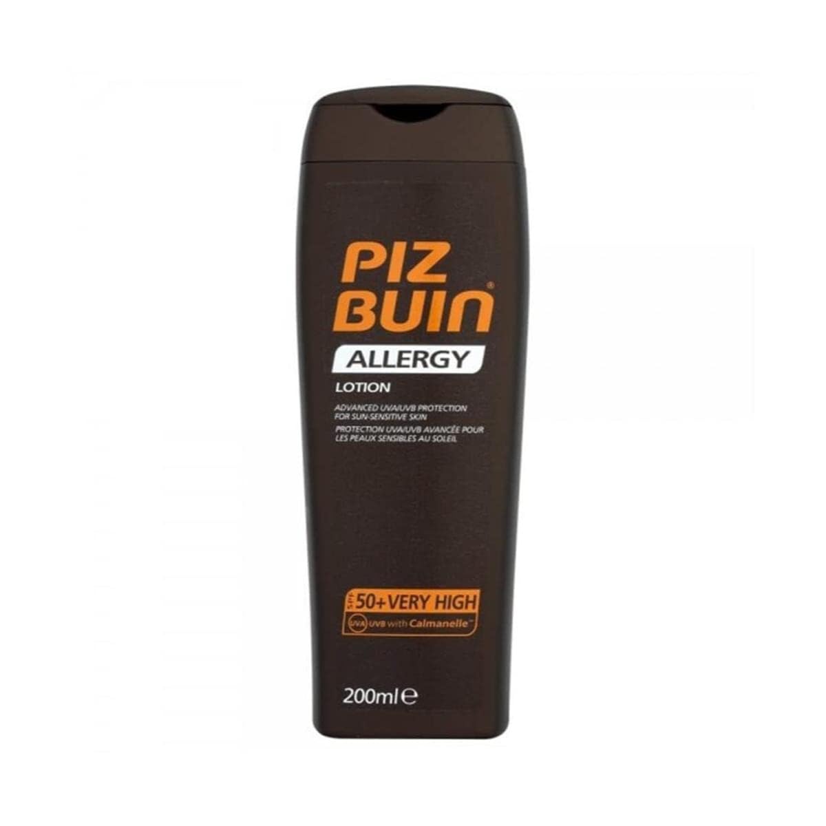 Piz Buin Allergy Lotion SPF50+ 200ml packaging showcases protective sunscreen for sensitive skin.