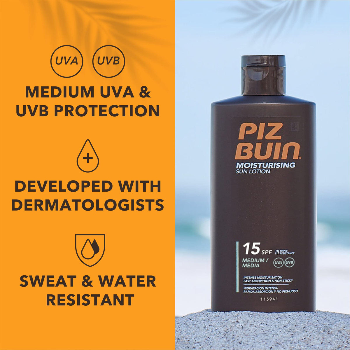 Piz Buin Moisturising Sun Lotion SPF 15 on a beach scene for sun protection