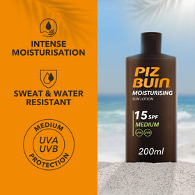 Close-up of Piz Buin lotion texture showing a lightweight, non-greasy swirl