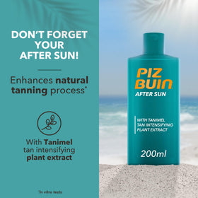 Graphic emphasizing water and sweat resistance of Piz Buin sun lotion