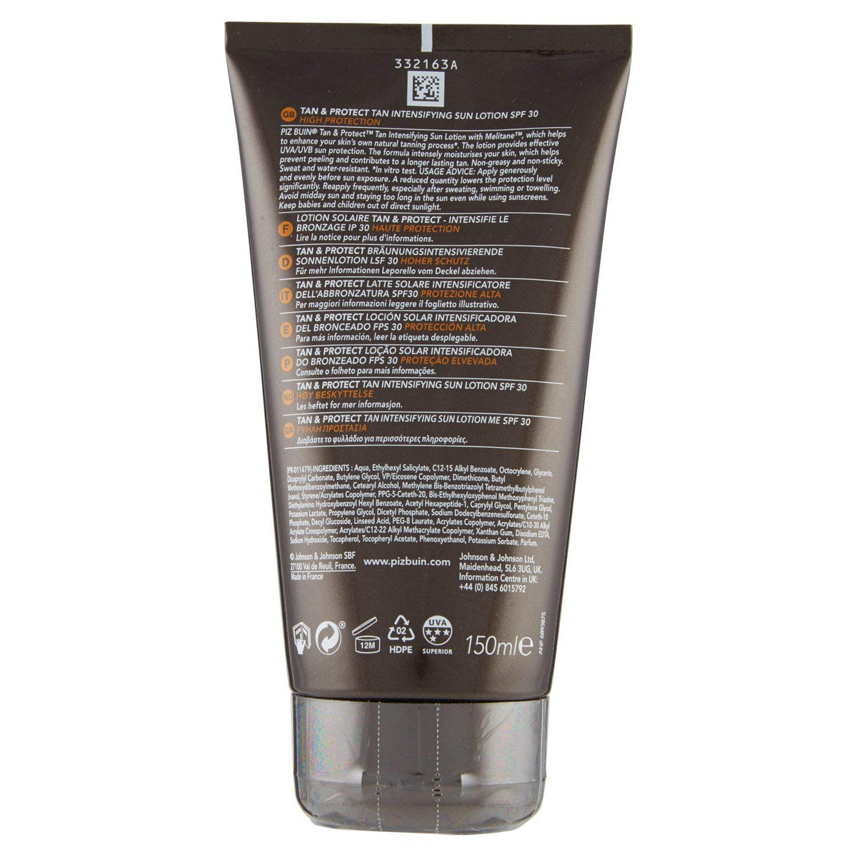 Piz Buin Tan And Protect label showing UVA/UVB protection
