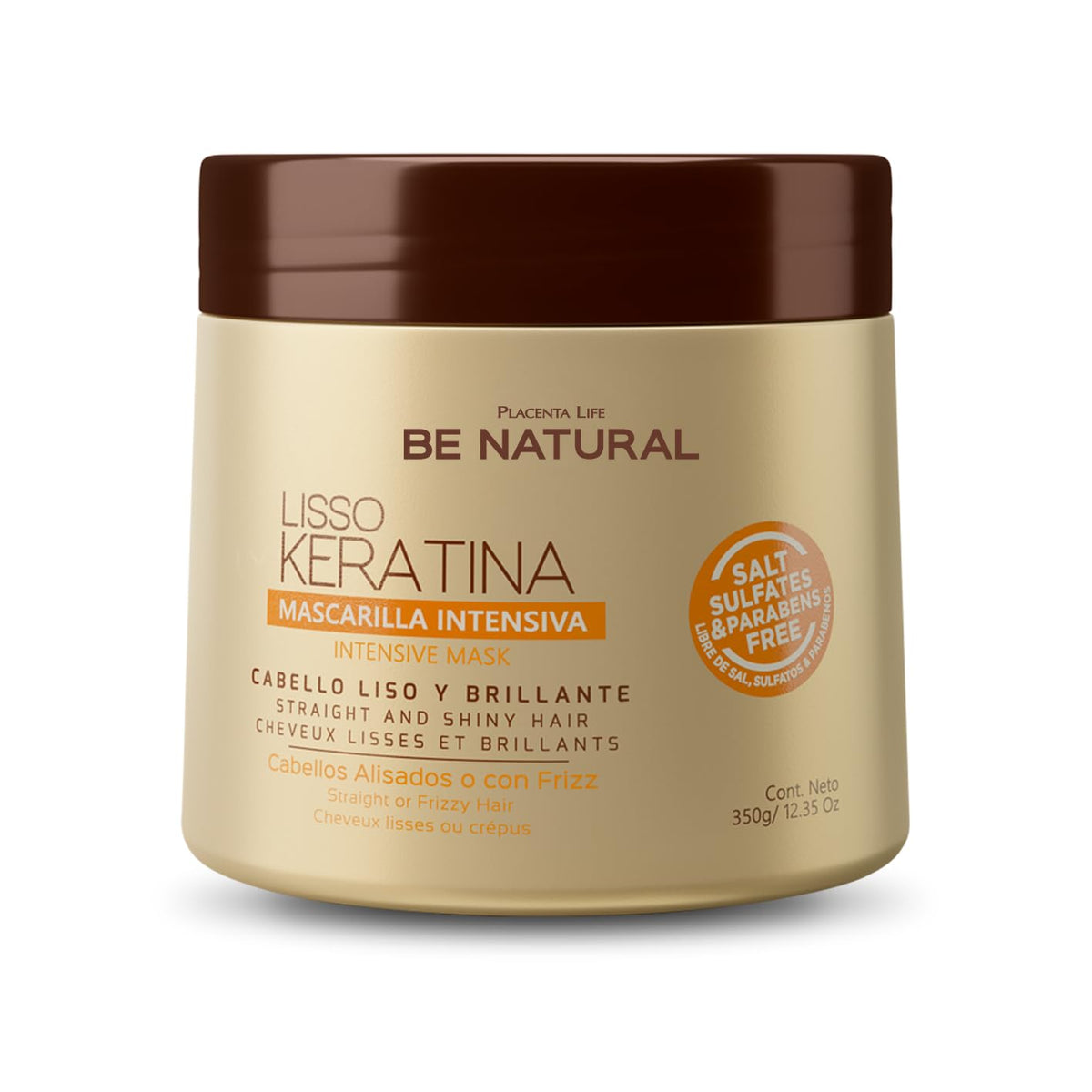 PLACENTA LIFE Be Natural Liso Keratina bottle in bathroom suggesting smooth, frizz-free hair.