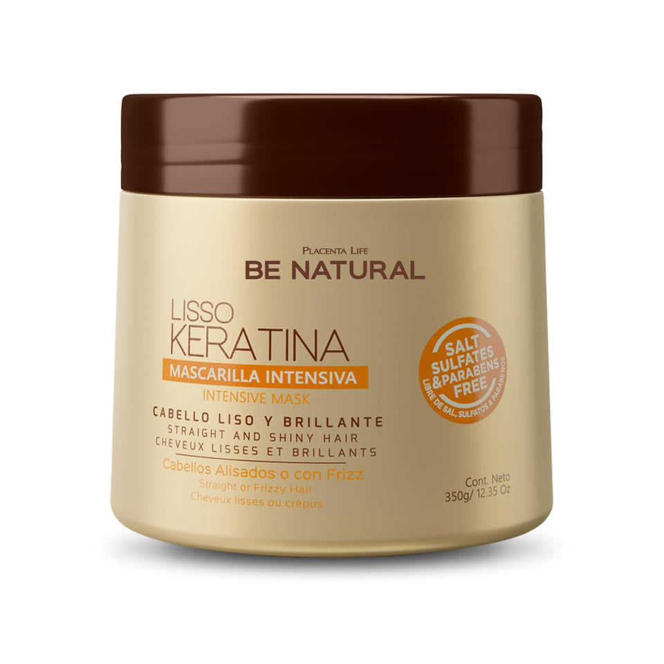 PLACENTA LIFE Be Natural Liso Keratina bottle in bathroom suggesting smooth, frizz-free hair.