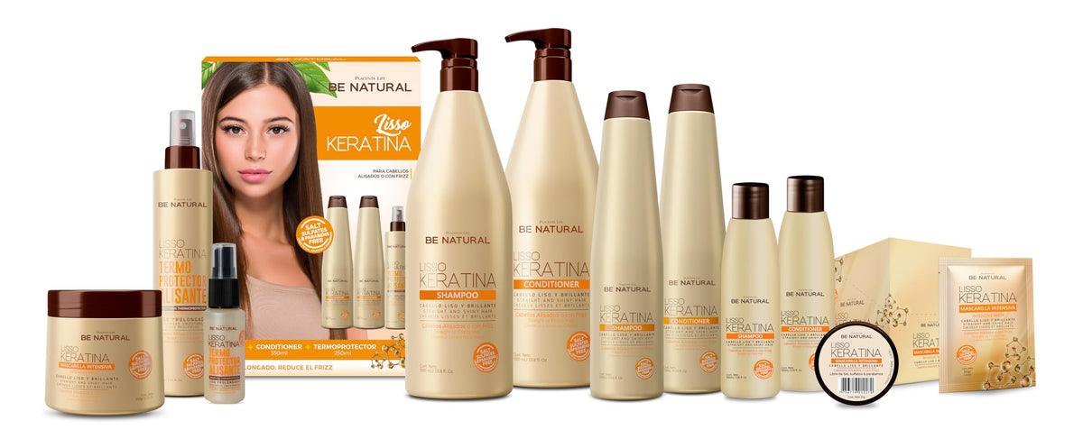 PLACENTA LIFE Be Natural Liso Keratina close-up of label and ingredients implying gentle care.