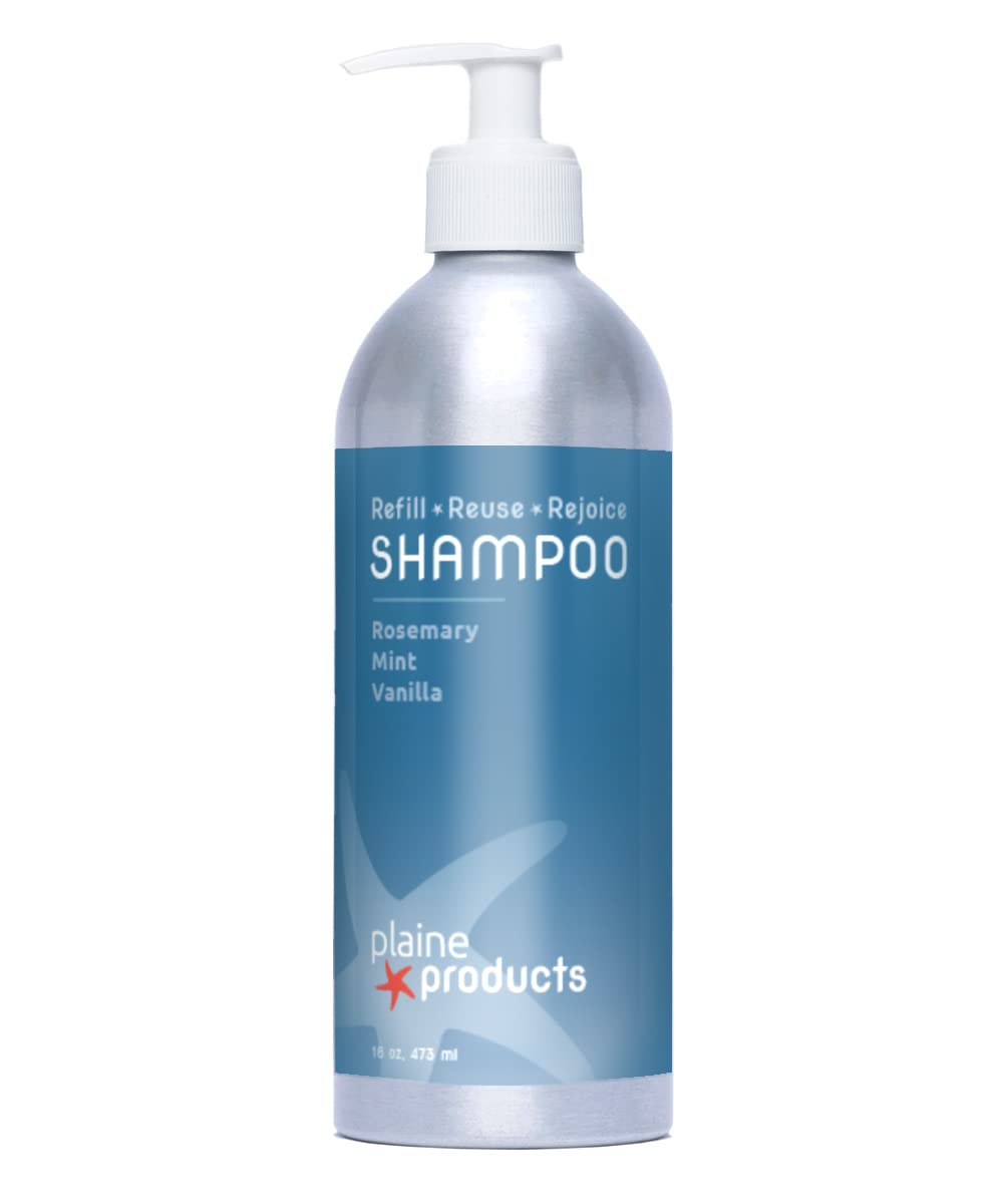 Plaine Products rosemary mint vanilla shampoo bottle with pump for easy use