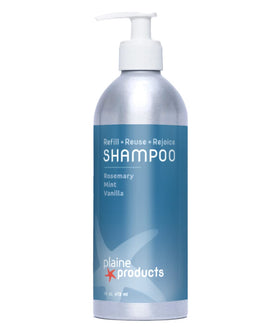 Plaine Products rosemary mint vanilla shampoo bottle with pump for easy use