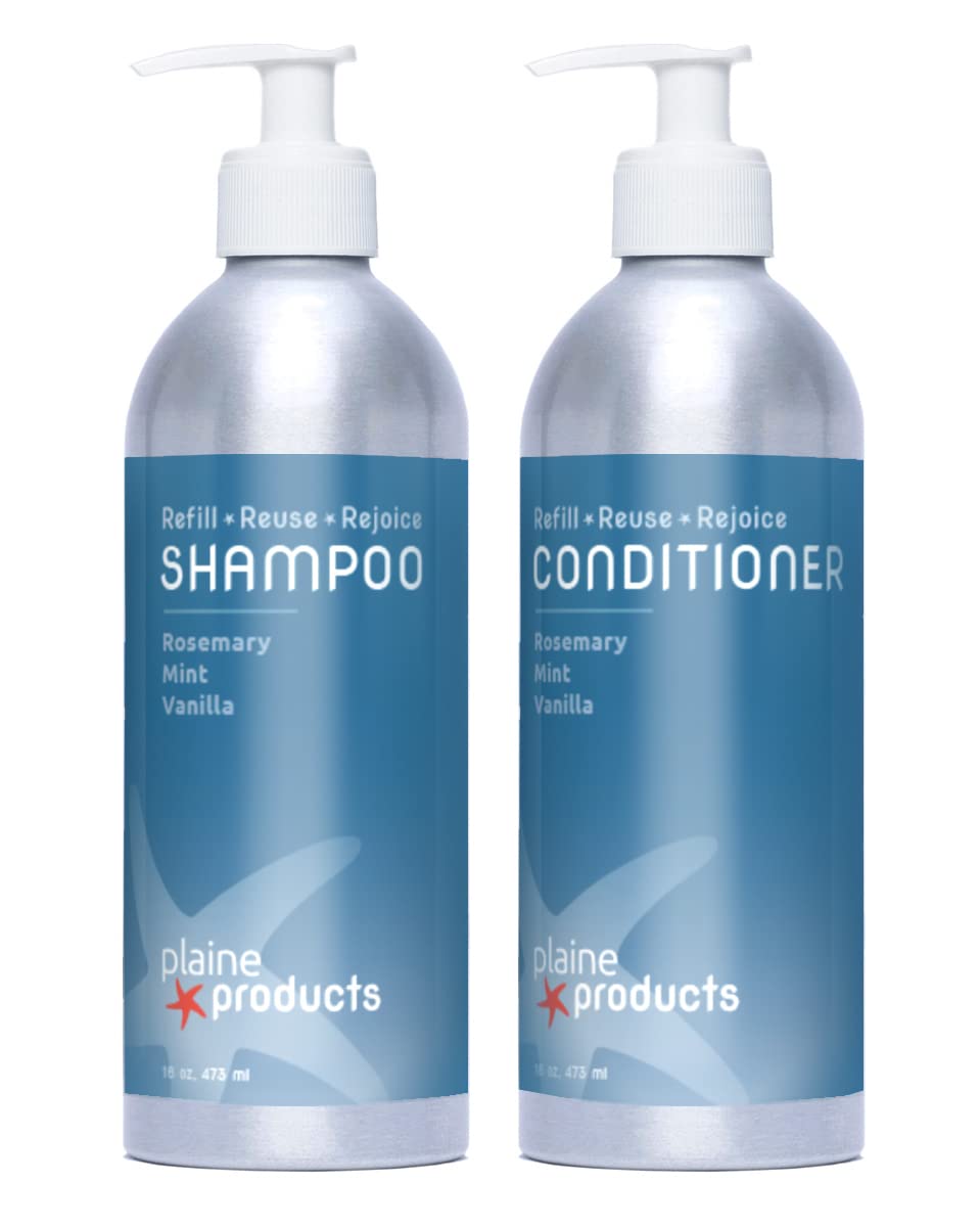 Plaine Products rosemary mint vanilla shampoo bottle with pump for easy use and sustainable packaging.