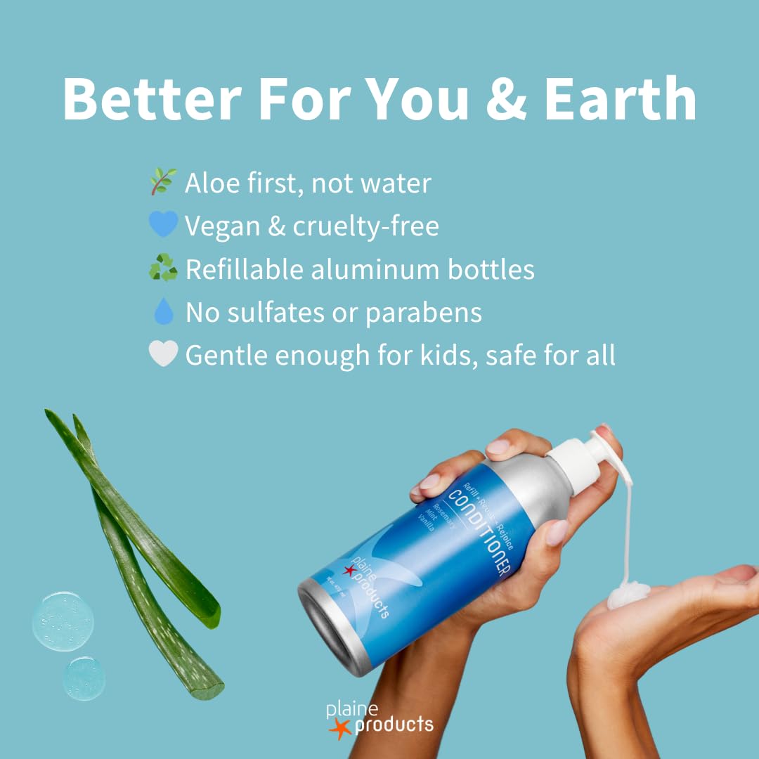 Plaine Products shampoo label showing vegan, cruelty-free formula and color-safe promise