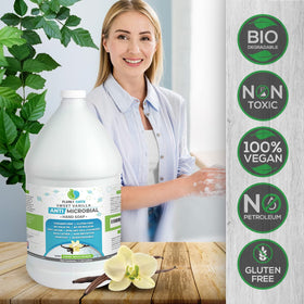 Plainly Earth antibacterial hand soap suds ready for hand hygiene.