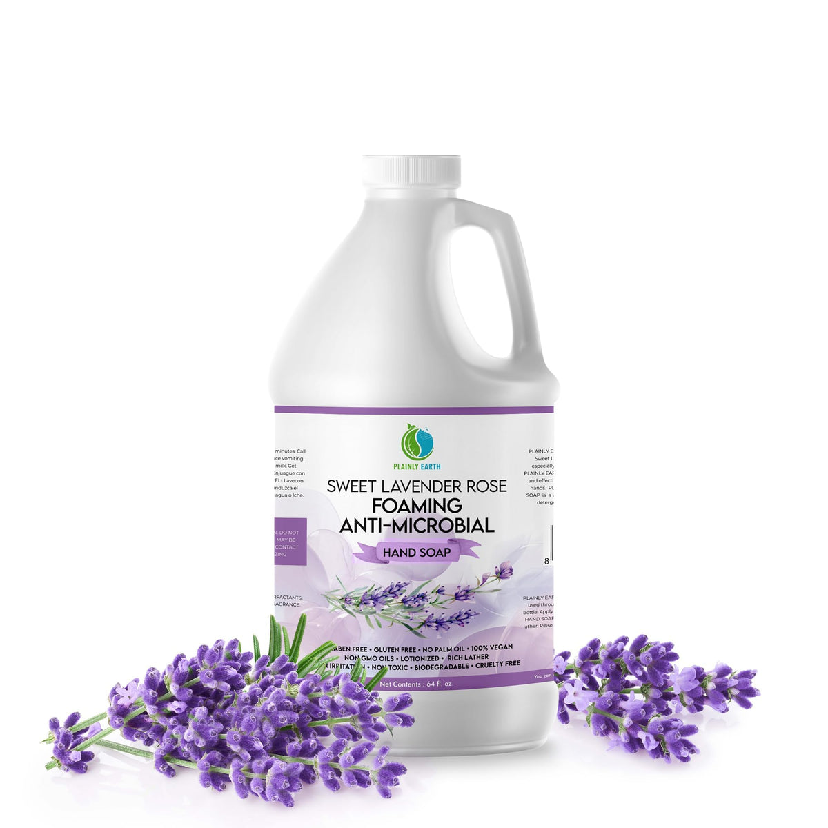 Plainly Earth antimicrobial hand soap bottle showing easy refill and lasting freshness.